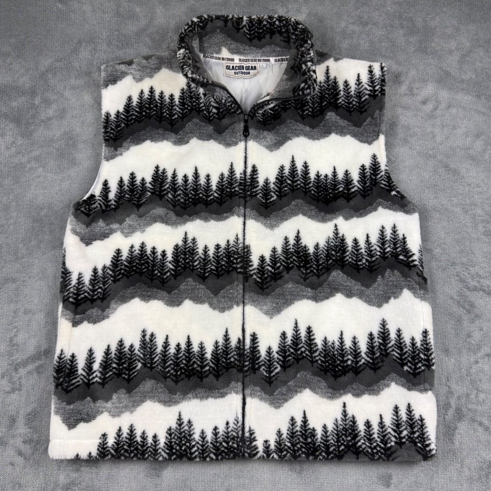 Glacier Gear Outdoor Scenic Fleece Vest Large Black White Pine Forest Mountain